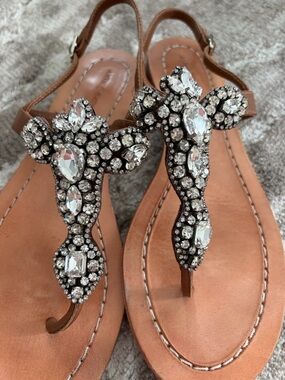 Antik Batik Brown Leather T-Strap Sandals with Crystal Embellishment